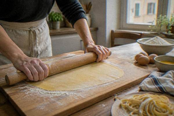 Fresh pasta being rolled on a wooden table in a kitchen